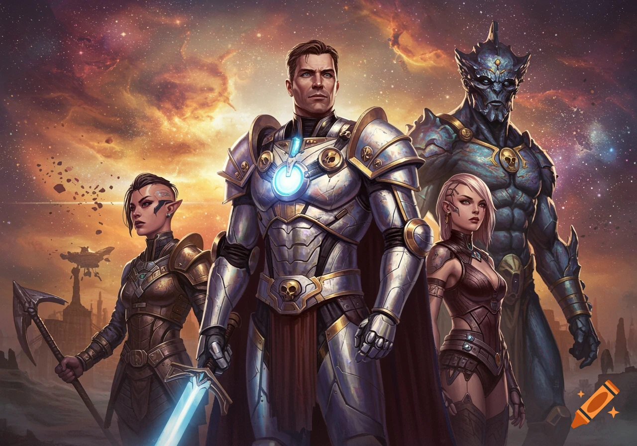 A diverse group of armored sci-fi and fantasy characters, including a human, two elf-like women, and a blue alien, stand against a cosmic background.
