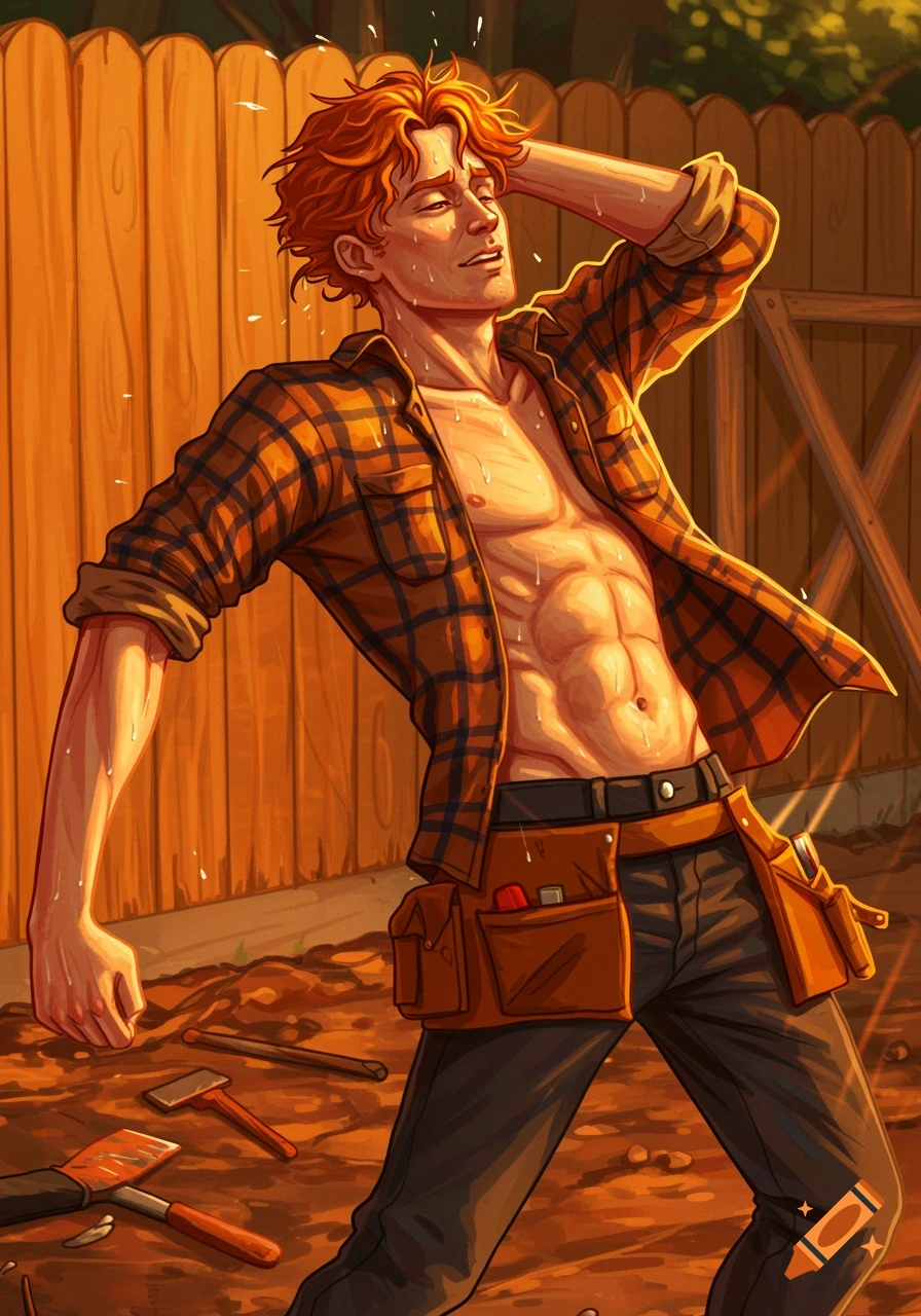 An illustration of a sweaty, muscular redhead man in a plaid shirt and tool belt, standing by a wooden fence at sunset.