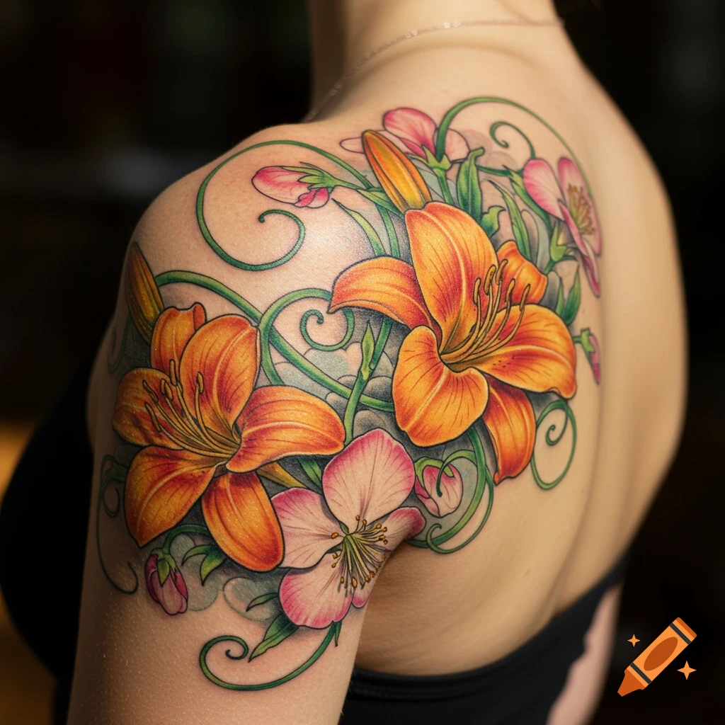 A vibrant floral tattoo featuring orange daylilies, pink flowers, and green vines on a person's shoulder.