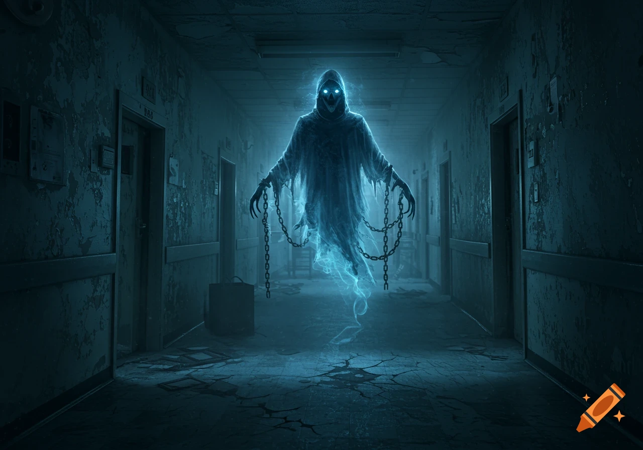 A glowing blue ghost with chains floats menacingly in a dark, abandoned hospital hallway, casting eerie light.