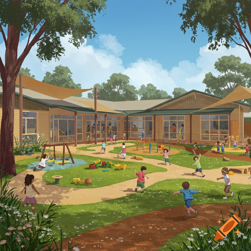 An illustrated aerial view of an outdoor child care center playground with many children playing, surrounded by a building and trees under a sunny sky.