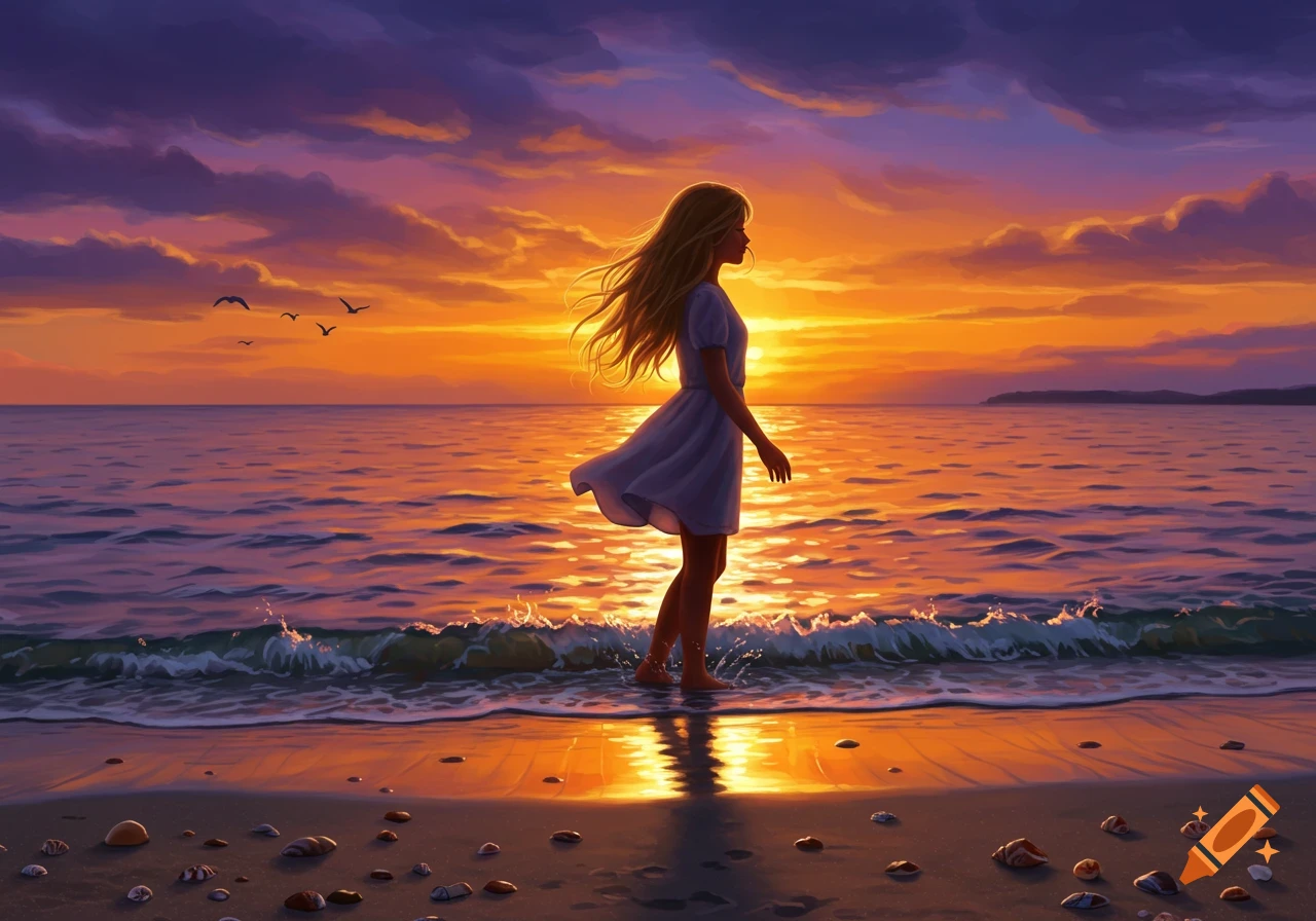 A girl stands on a beach with waves at her feet as the sun sets over the ocean, with seagulls flying in the sky. Illustrated style.