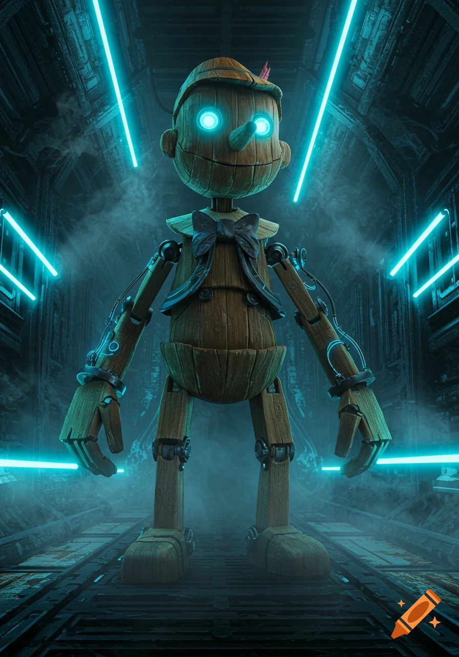 A wooden Pinocchio character with glowing blue eyes and robotic enhancements stands in a dark, smoky sci-fi corridor with neon lights.