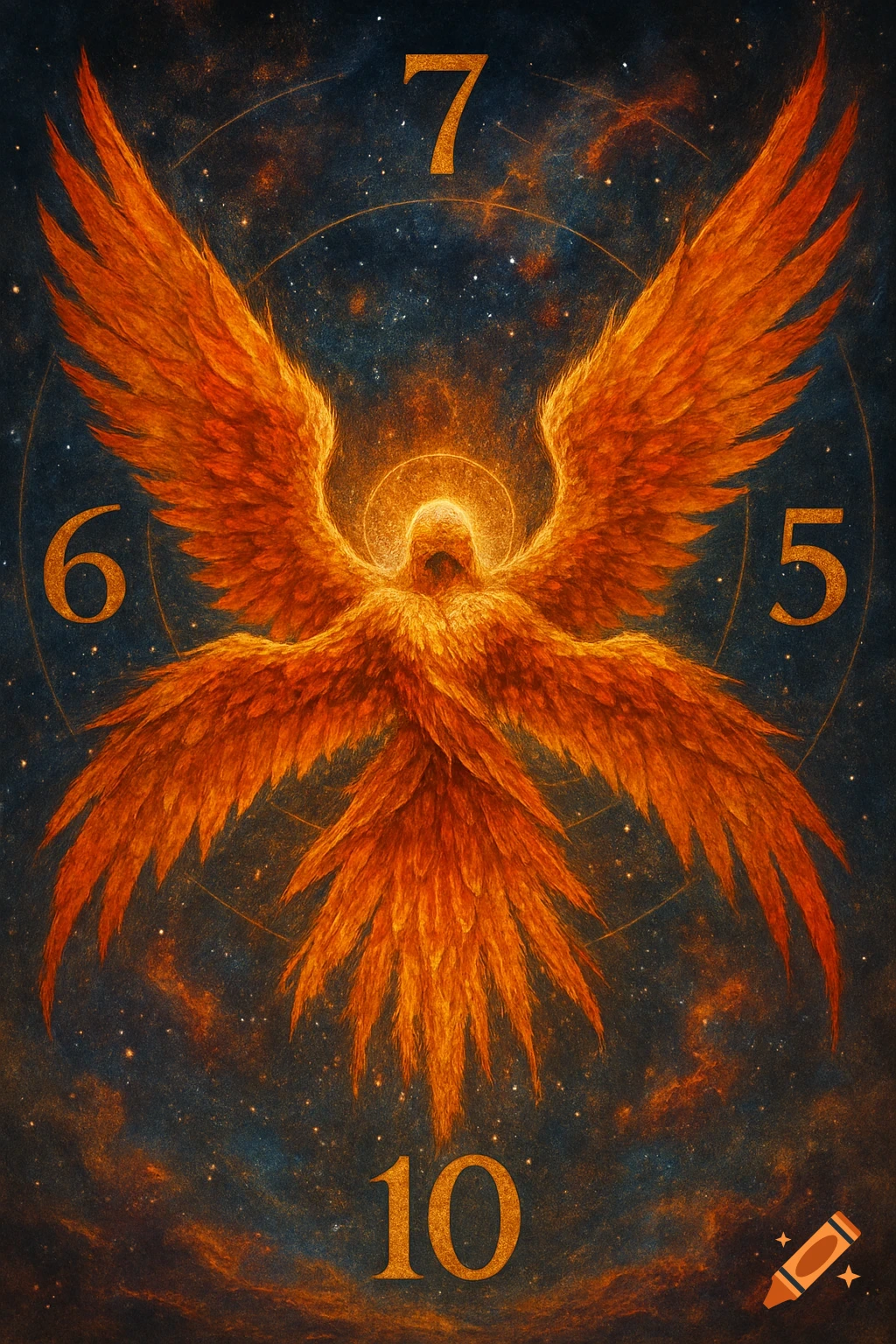 Fiery winged seraphim against a starry cosmic background, with large numbers 7, 6, 5, and 10 on the image. Fantasy art style.