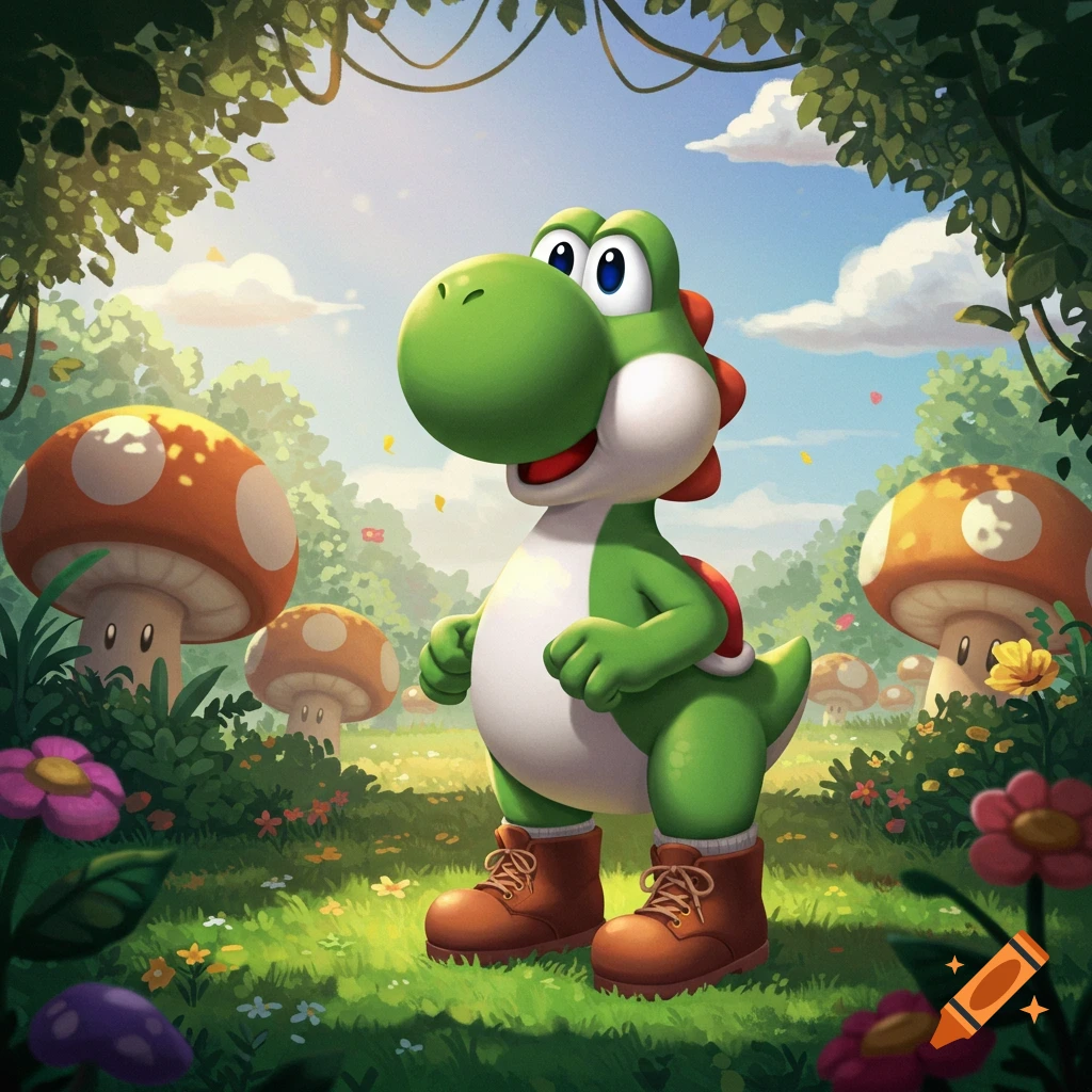 Yoshi in brown boots and white socks stands in a vibrant cartoon forest with large mushrooms and colorful flowers.