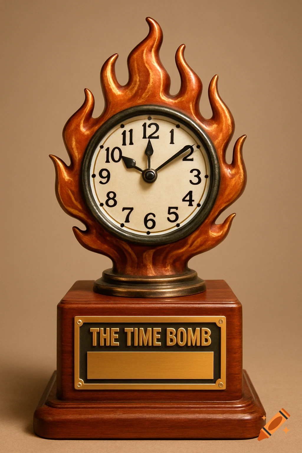 A wooden trophy featuring a clock head surrounded by bronze flames, with a plaque on the base reading 'THE TIME BOMB'.