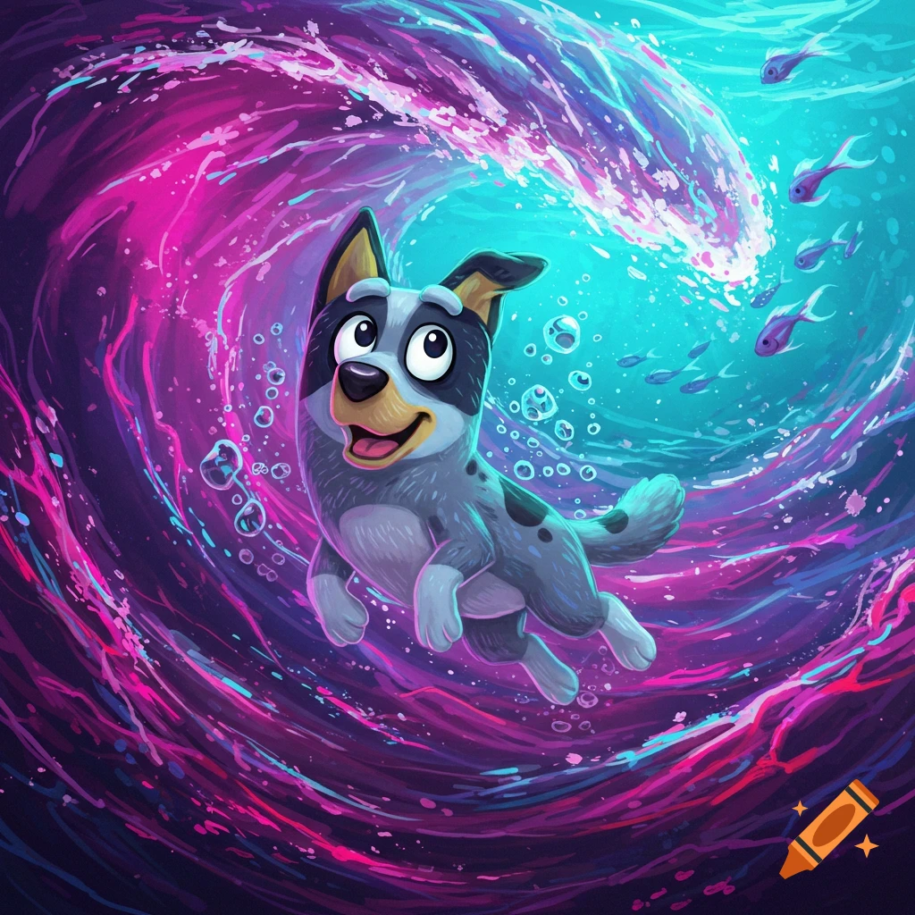 A blue cartoon dog swims happily in a swirling ocean filled with vibrant neon pink, purple, and blue colors, with small fish and bubbles.