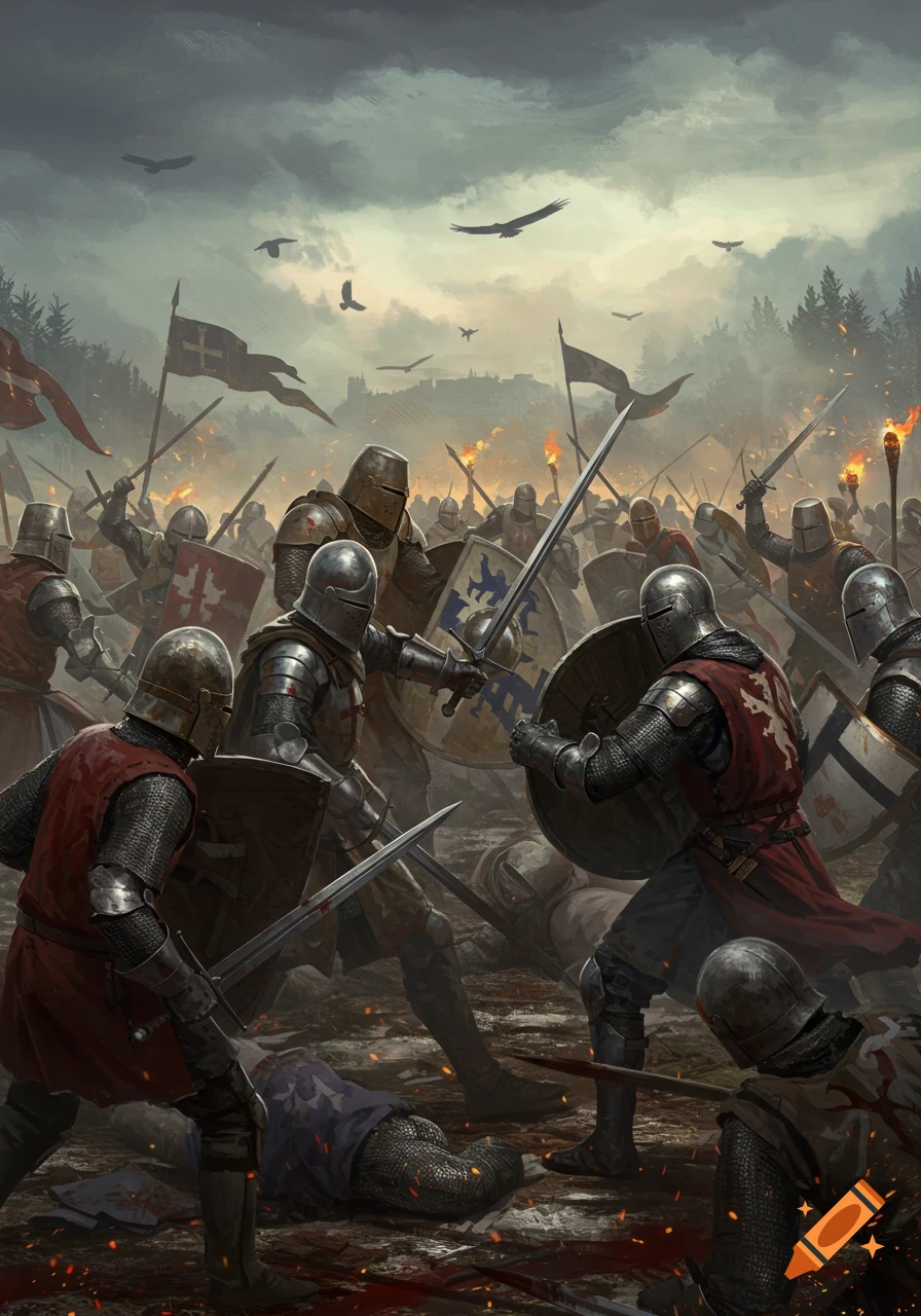 An epic painting of armored knights clashing in a medieval battle, with swords, shields, and a distant castle under a cloudy sky.
