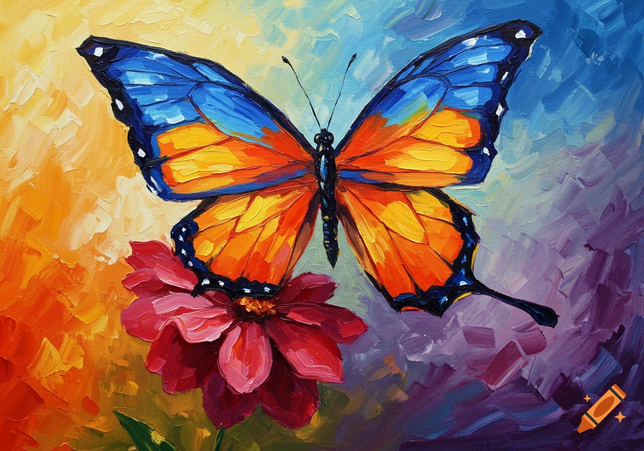 An oil painting of a monarch butterfly with blue and orange wings resting on a red flower against a vibrant, abstract background.