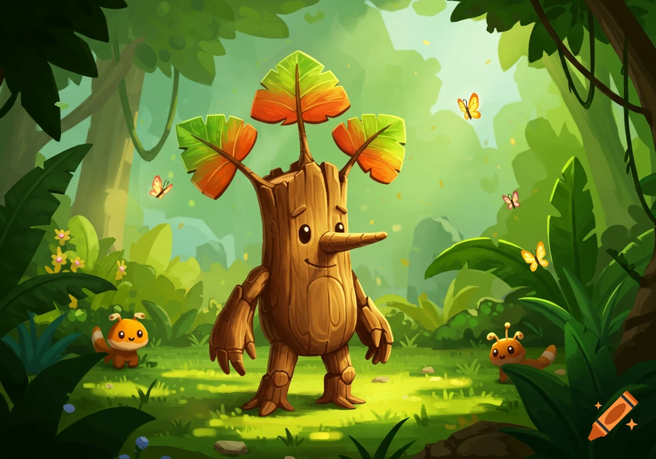 A cartoon tree man with a long nose and leaves for hair stands in a vibrant jungle with butterflies and small creatures.
