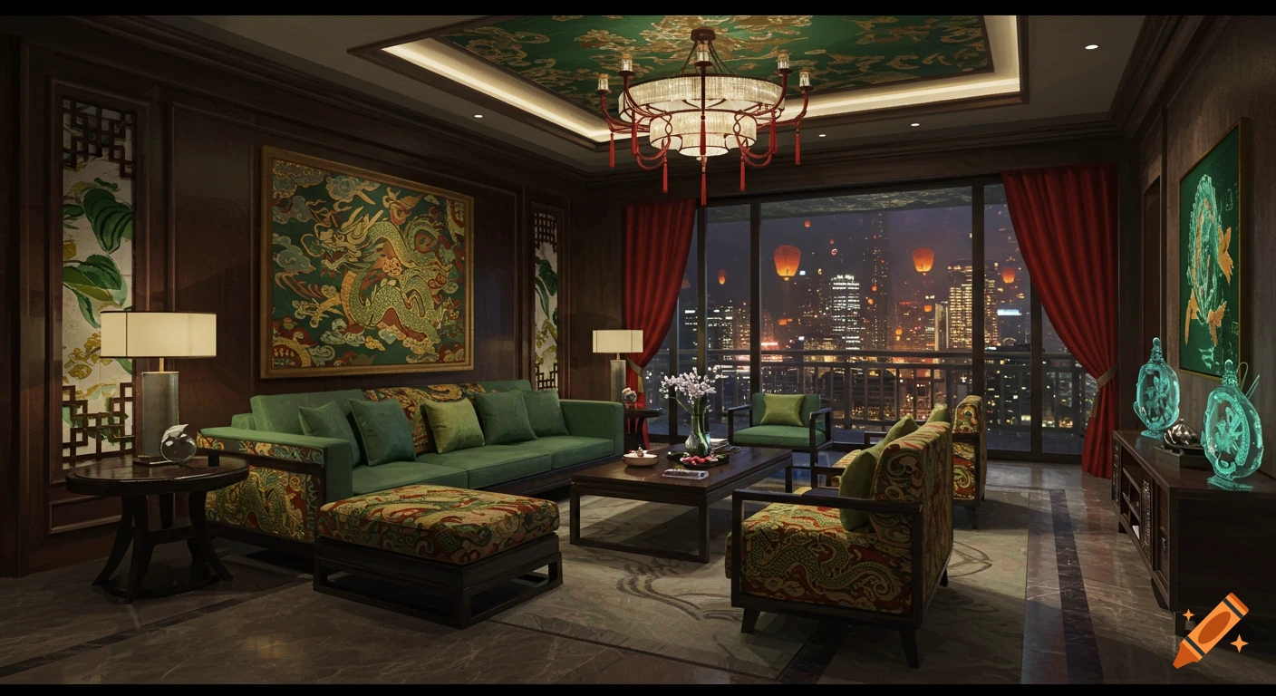 A luxurious living room with traditional Chinese decor, green sofa, red curtains, dragon painting, and a city night view with sky lanterns.