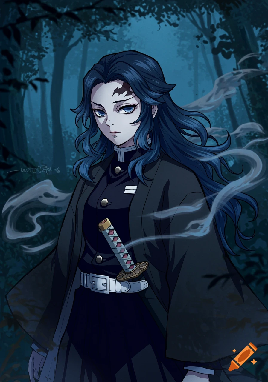 An anime-style image of a female Demon Slayer Hashira with dark blue hair and pale skin, wearing a black uniform and a charcoal haori with wispy smoke patterns, standing in a dark forest at night.
