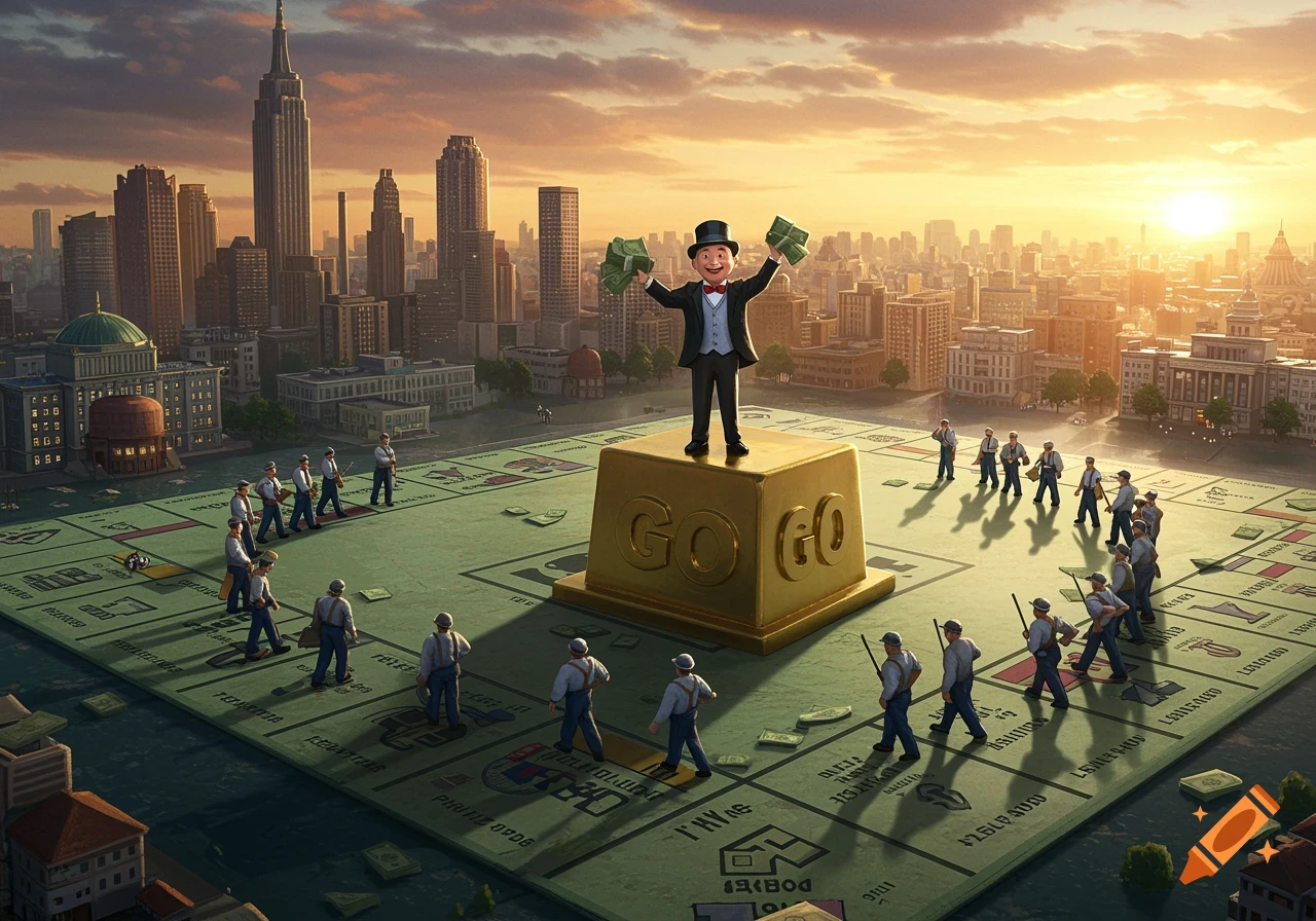 A giant Monopoly board set within a city landscape at sunset. Mr. Monopoly stands on the golden "GO" square, holding money, while small workers walk in circles around the board.