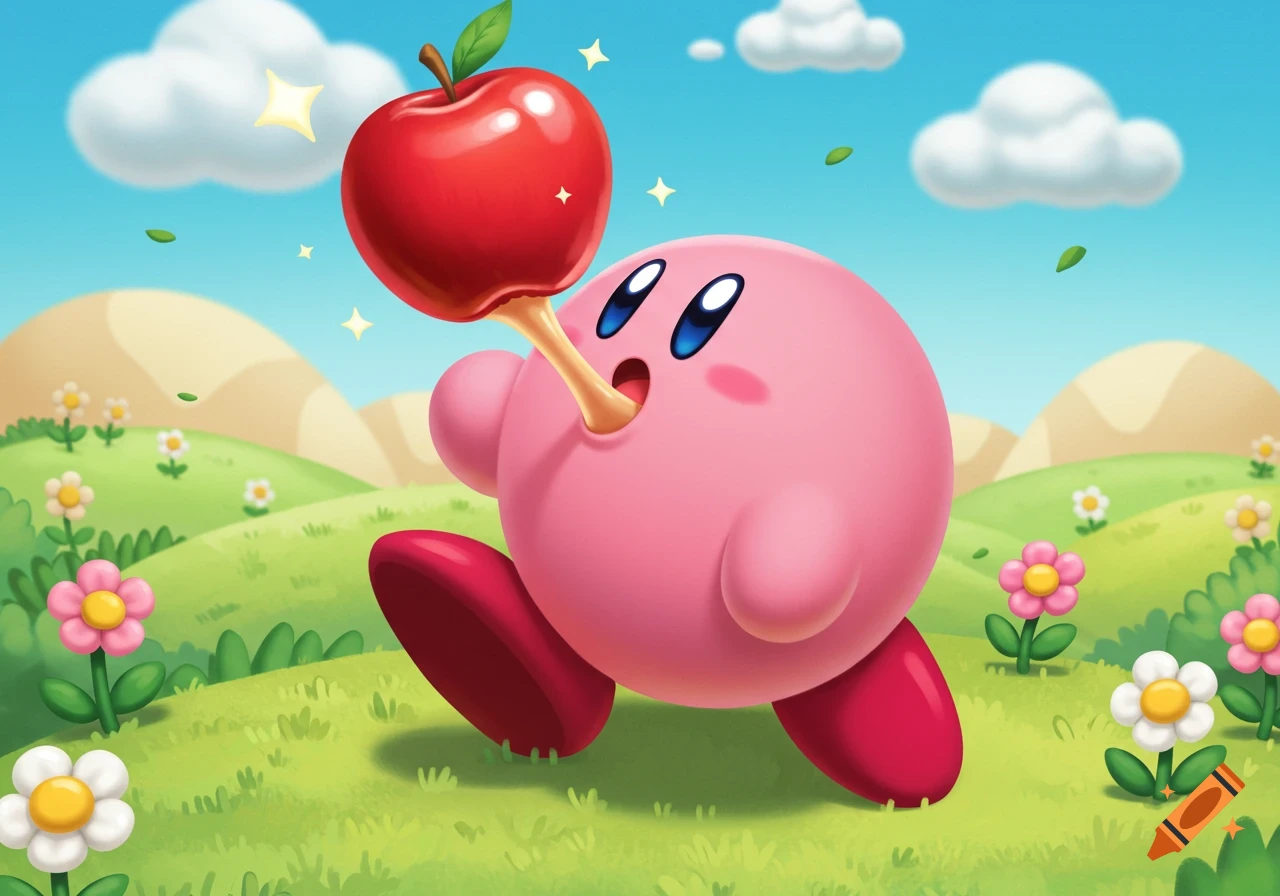 Kirby, a pink spherical character, inhales a red apple in a vibrant cartoon landscape with green hills, colorful flowers, and a blue sky.