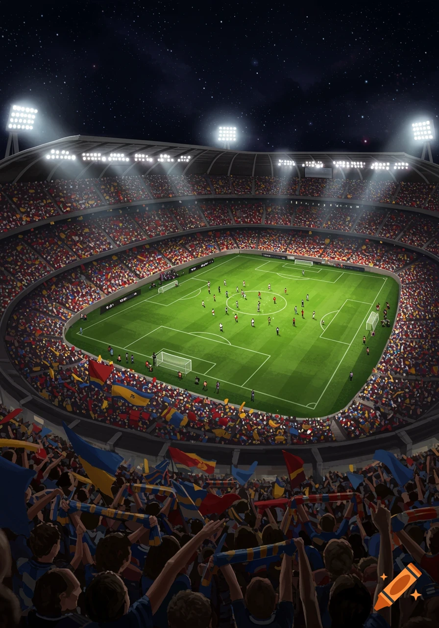 An overhead view of a brightly lit football stadium at night, filled with a cheering crowd, as players are on the green field.