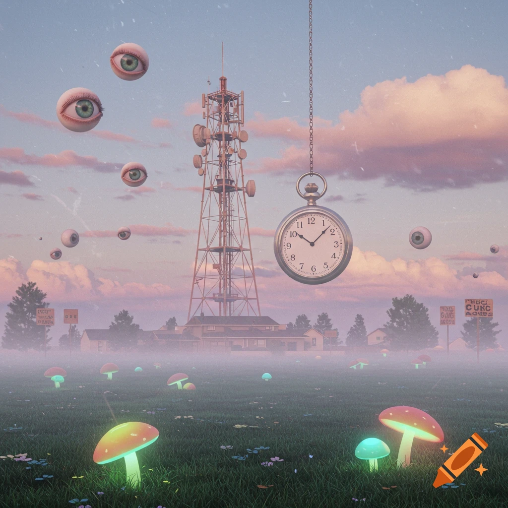 A surreal landscape with a misty field, glowing mushrooms, a large radio tower, floating eyeballs in the sky, and a giant pocket watch hanging from a chain.