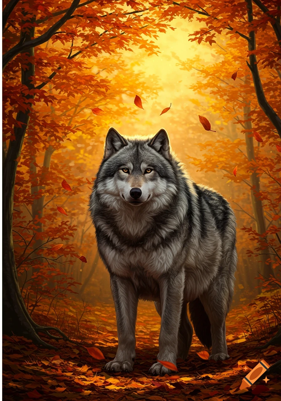 A grey wolf stands in an autumn forest filled with orange and yellow leaves, bathed in warm sunlight.