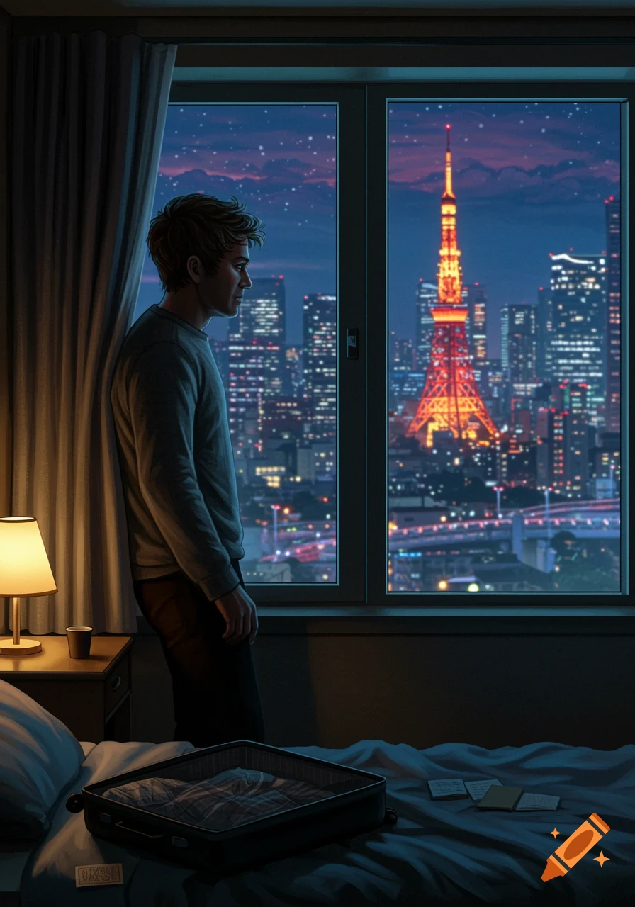 A man looks out a hotel room window at the Tokyo Tower and a sprawling city skyline at night, with a suitcase on the bed.