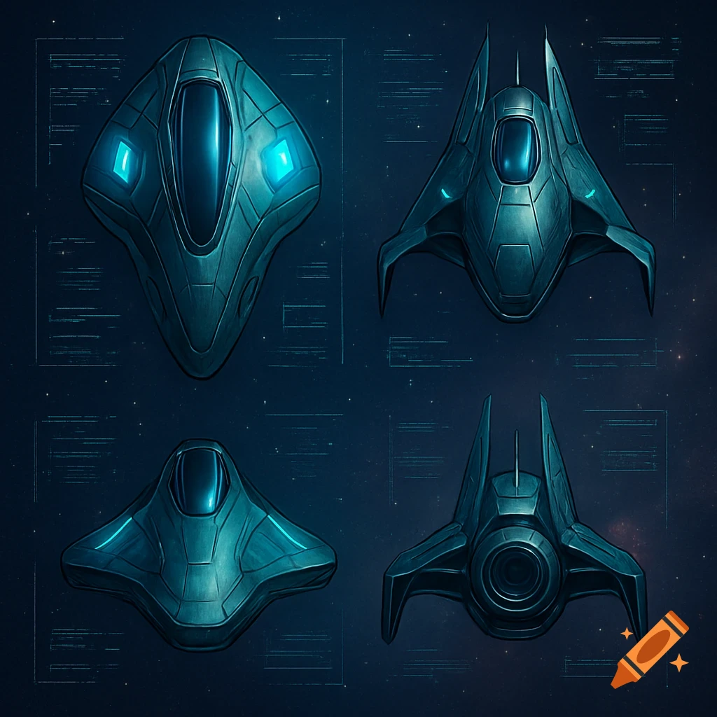 Four views of a futuristic blue-gray spacecraft on a dark, starry blueprint background.