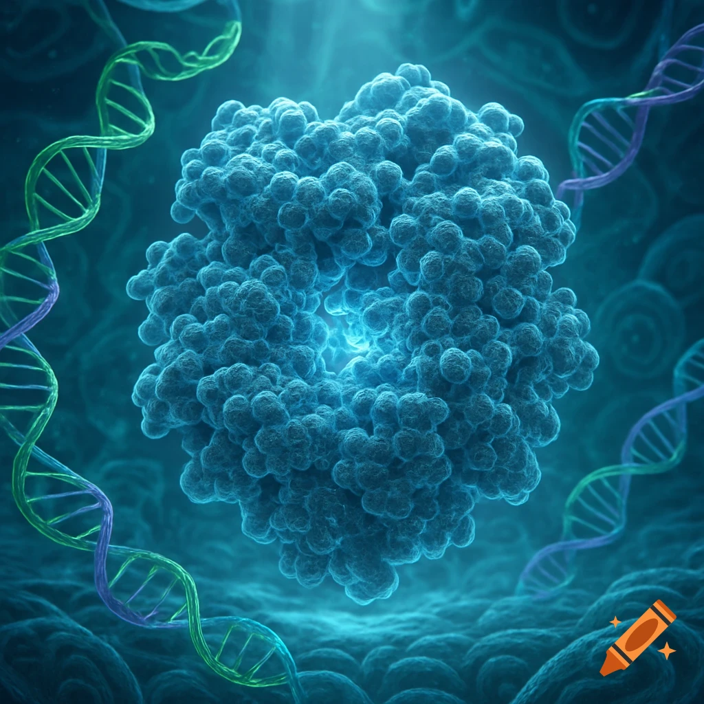 A detailed illustration of a complex blue enzyme surrounded by green and purple DNA strands in a molecular setting.