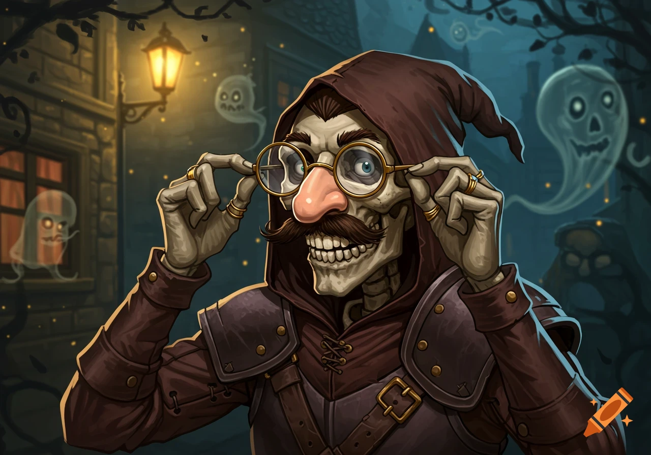 A detailed illustration of a skeleton character with a fake nose and mustache putting on round glasses at night, with ghosts nearby.