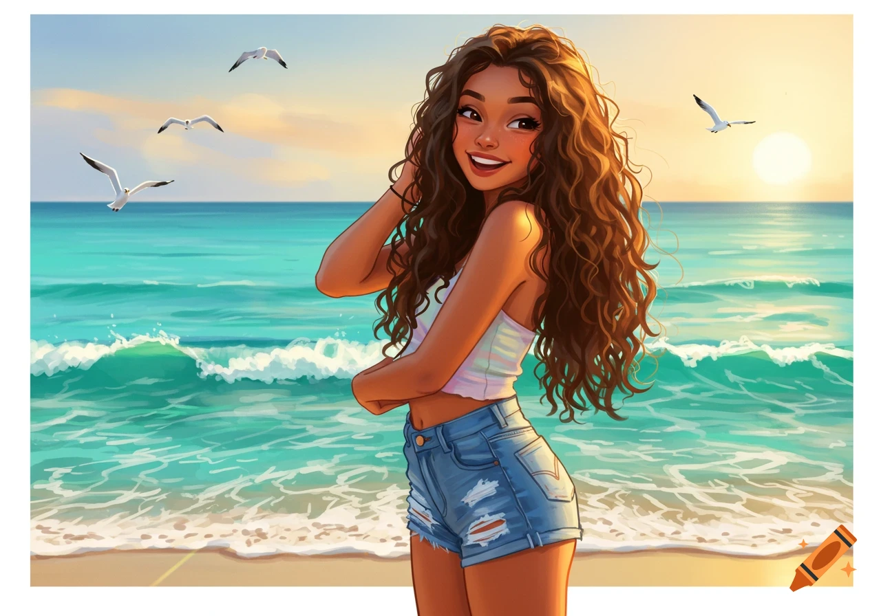A smiling brunette woman with long curly hair stands on a sandy beach with turquoise water and a sunset, in an illustrated style.