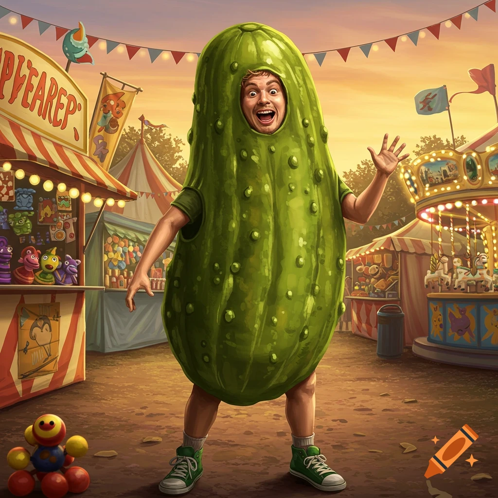 A person in a green pickle costume stands smiling at a colorful carnival with stalls and a carousel.