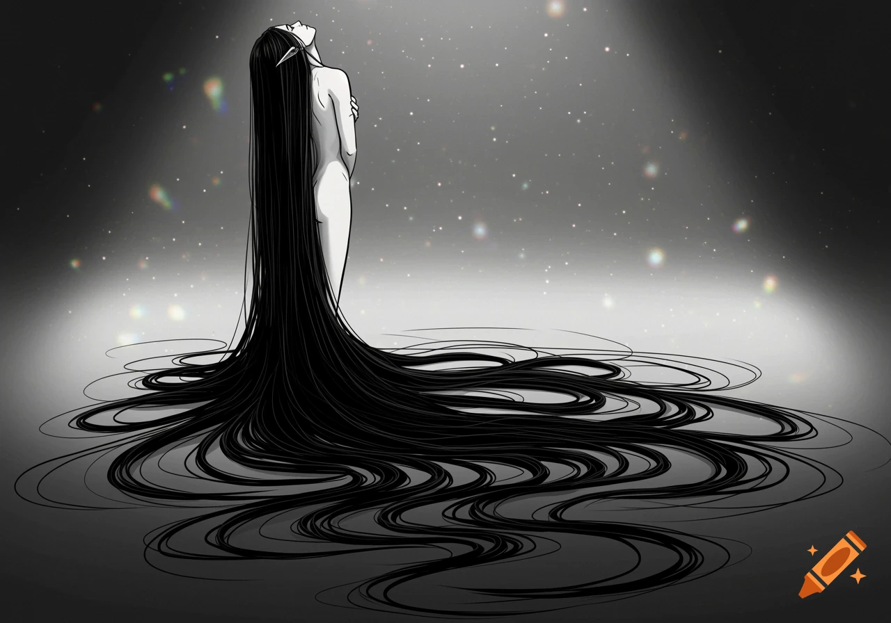 Digital line art of a figure with long black hair trailing on the ground, looking up against a monochrome sparkling background.