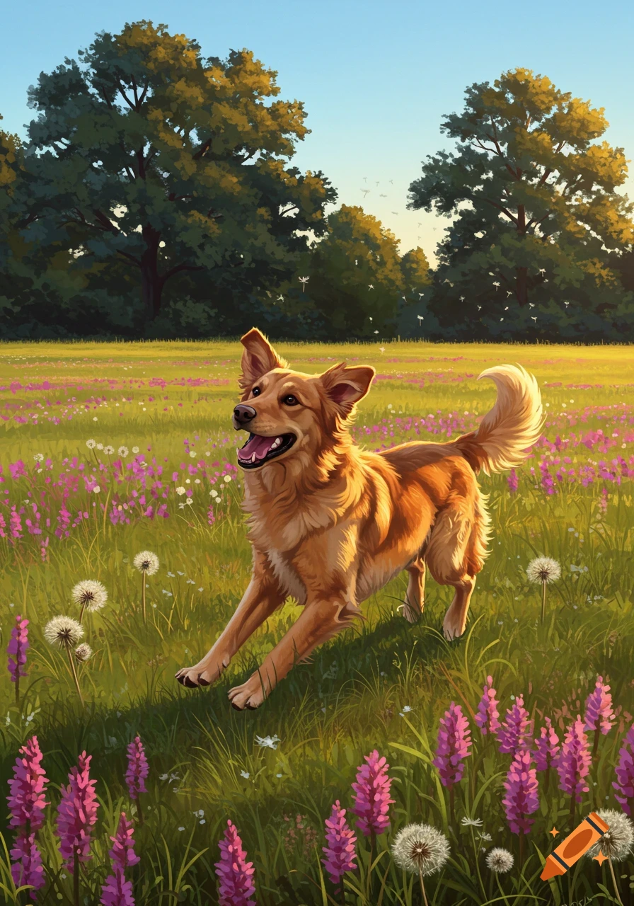A golden-brown dog joyfully runs through a sunny field filled with purple flowers and dandelions, surrounded by green trees.