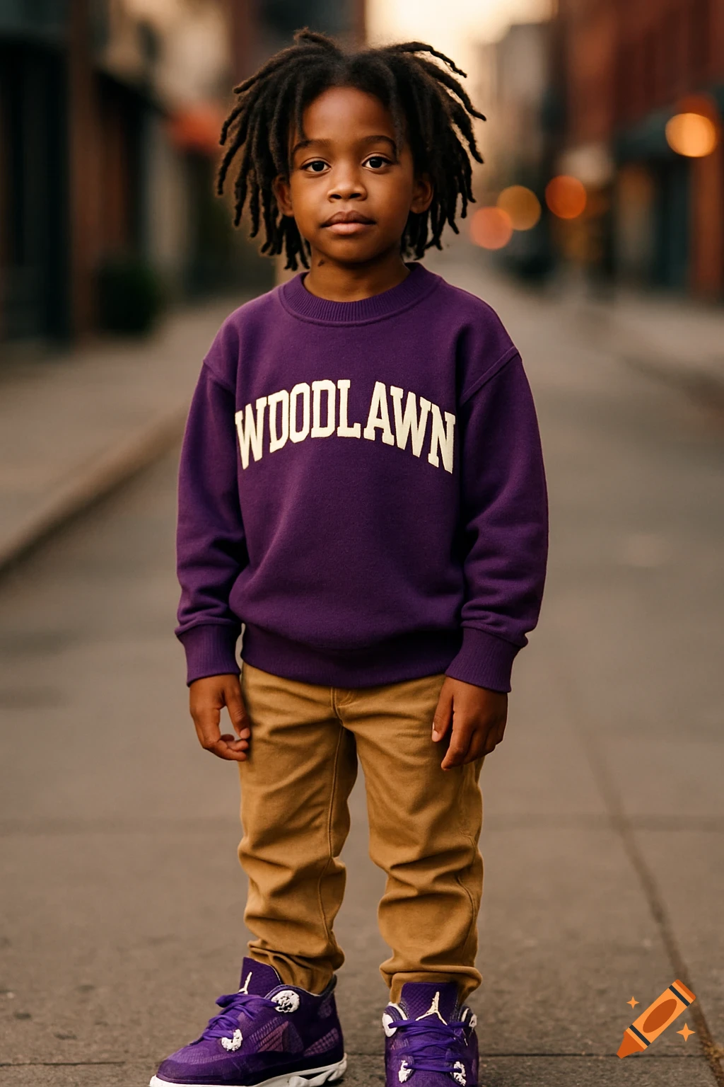 Photorealistic portrait of a young Black boy with dreads wearing a purple "WOODLAWN" sweater, khaki pants, and purple and white Jordan shoes, standing on a street.