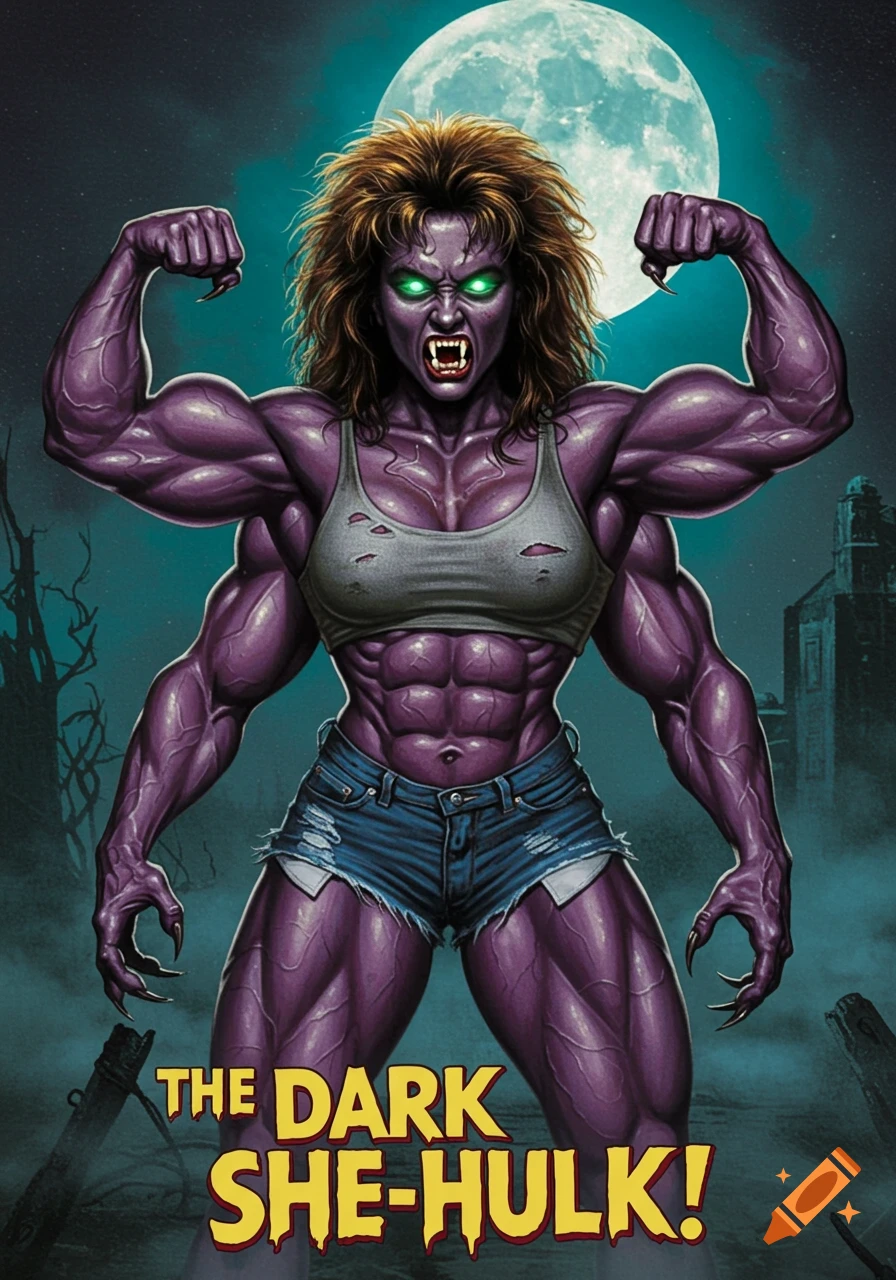 A horror movie poster features a four-armed, purple-skinned female bodybuilder with fangs and glowing eyes, flexing her biceps under a full moon.