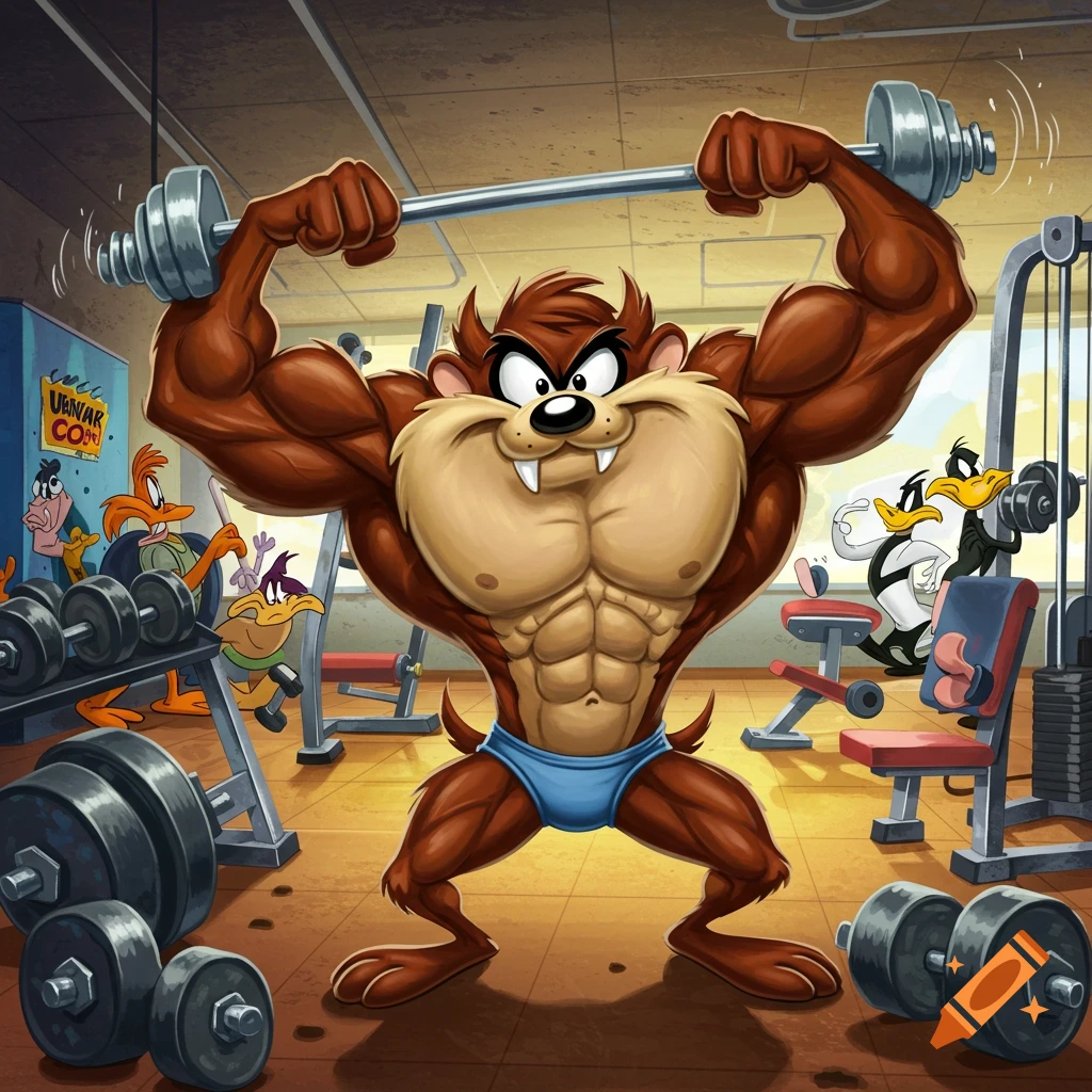 Muscular Taz from Looney Tunes lifts weights in a gym, with other cartoon characters like Daffy Duck in the background, cartoon style.