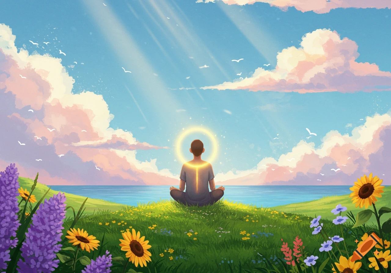 A person meditates on a grassy hill overlooking water, surrounded by flowers, with a glowing aura and bright sky.