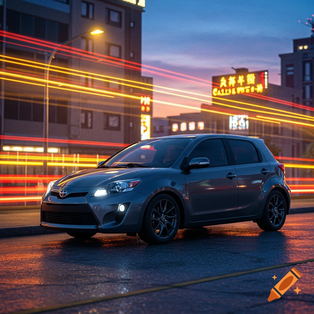 A grey Scion xa car parked on a wet city street at dusk, with bright yellow and red light trails from moving traffic, and buildings with illuminated signs in the background.