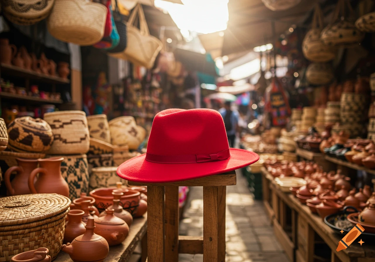 A vibrant red hat on a wooden stool, surrounded by woven baskets and terracotta pottery in a sunlit market stall.