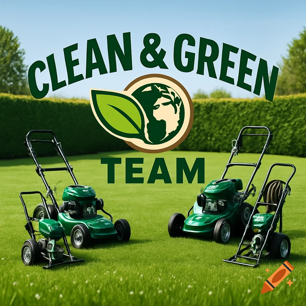 Green lawnmowers and a power washer sit on lush green grass beneath a clear sky with a 'CLEAN & GREEN TEAM' logo.