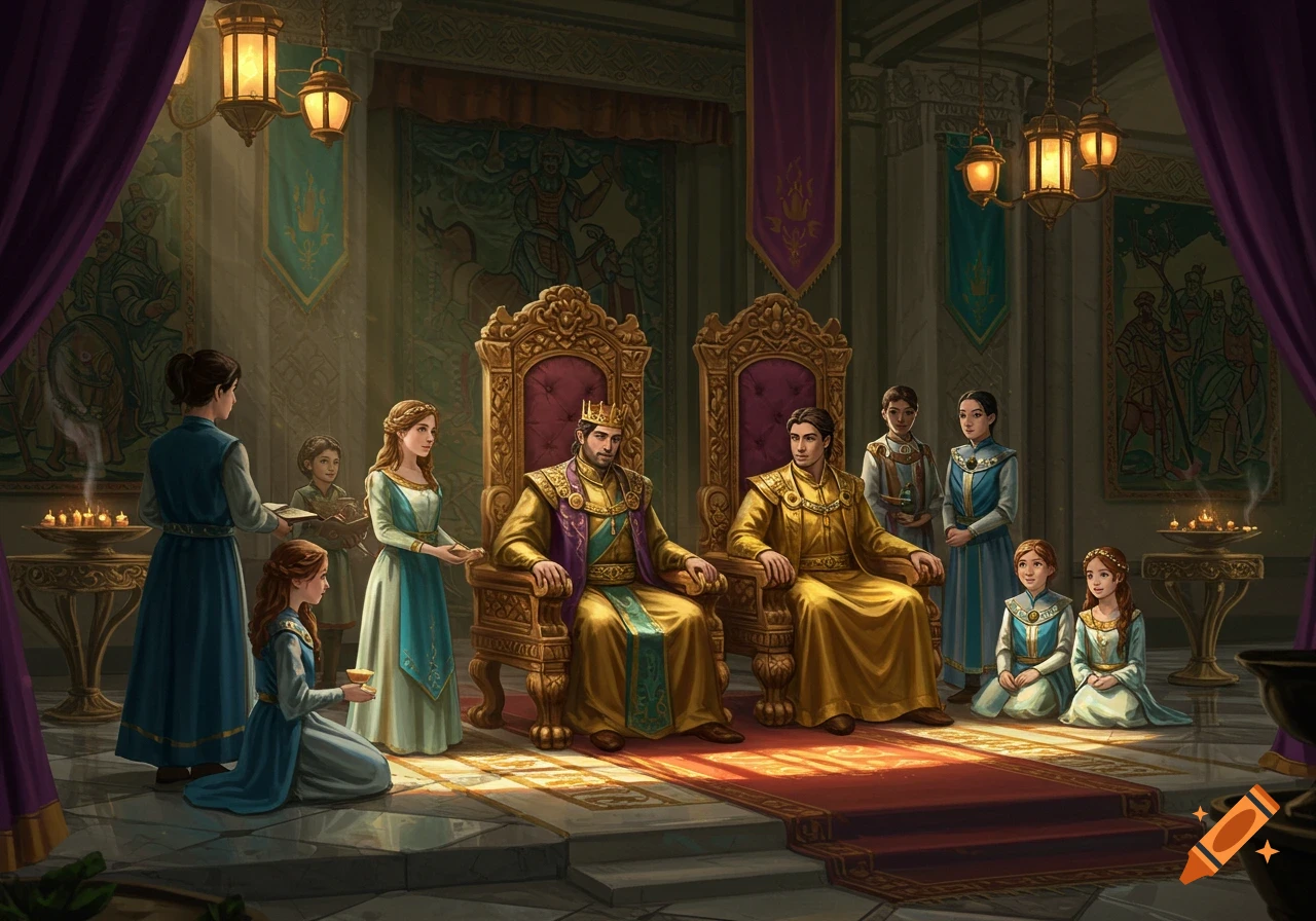 A king and another royal figure on golden thrones with their family members in an ornate throne room.