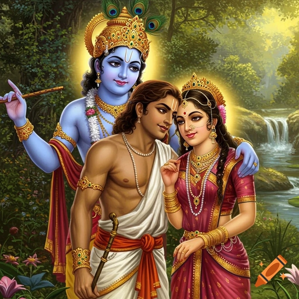 Krishna with a flute behind Arjuna and Subhadra, who gaze at each other in a lush forest with a waterfall. Divine illustration.