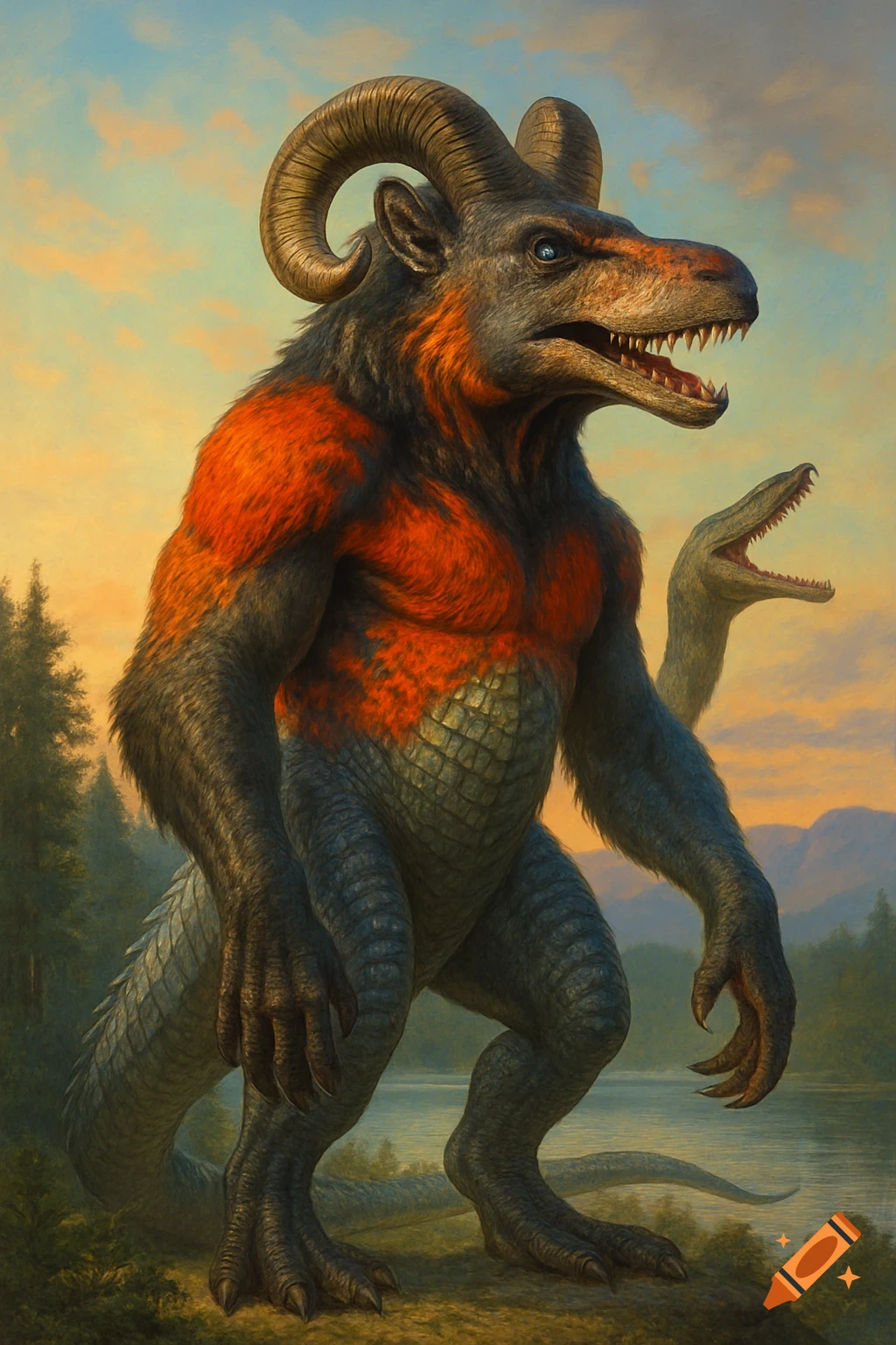 A large, muscular, bipedal ram-dinosaur creature with red fur and grey scales stands by a lake at sunset. A second creature's head is visible in the background.