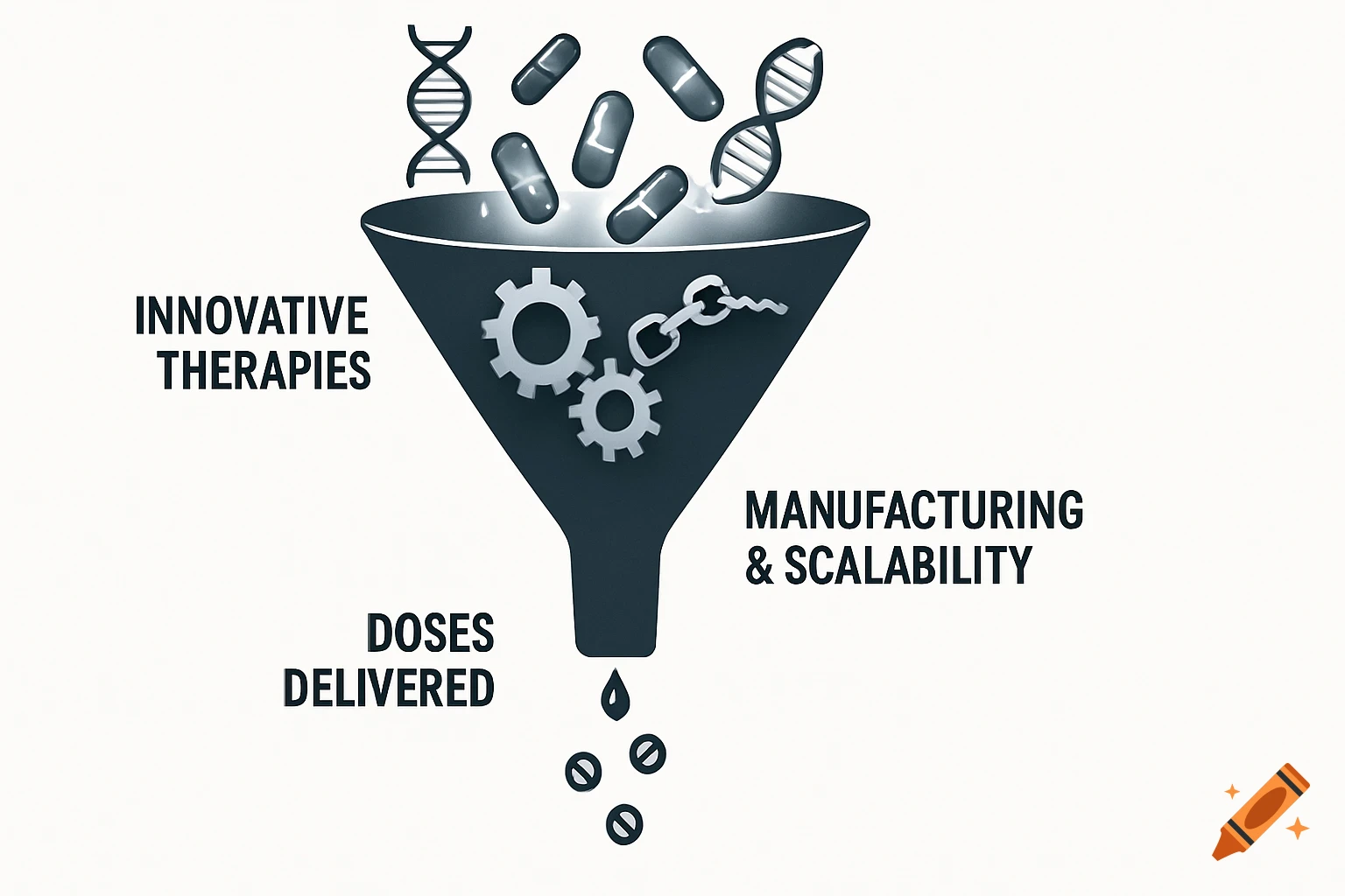Industrial infographic illustrating drug development process from innovative therapies and DNA to manufacturing and doses delivered.