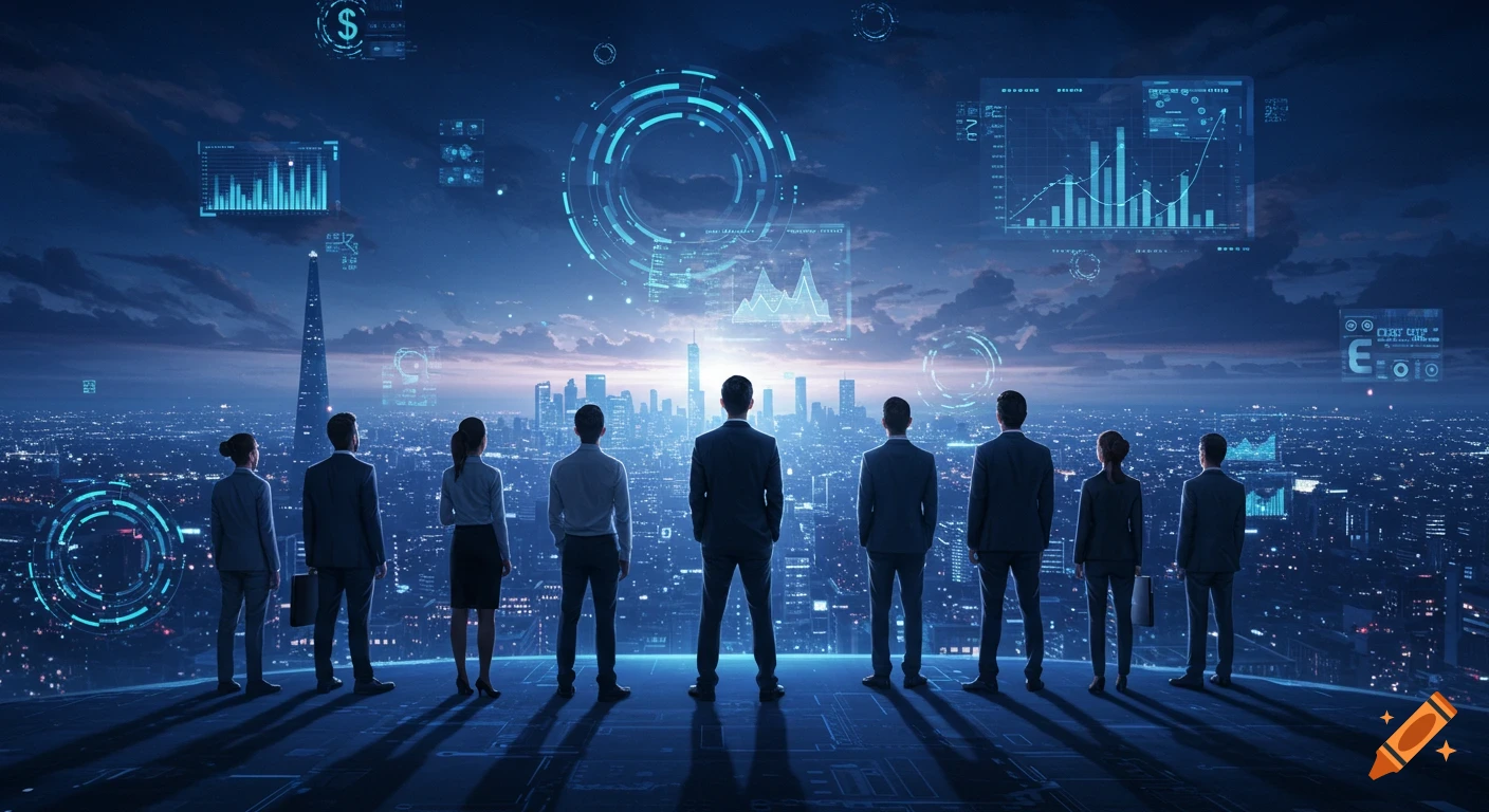 A group of business people stand on a rooftop, backs to the viewer, looking out over a futuristic city skyline with holographic data displays and charts in the sky.