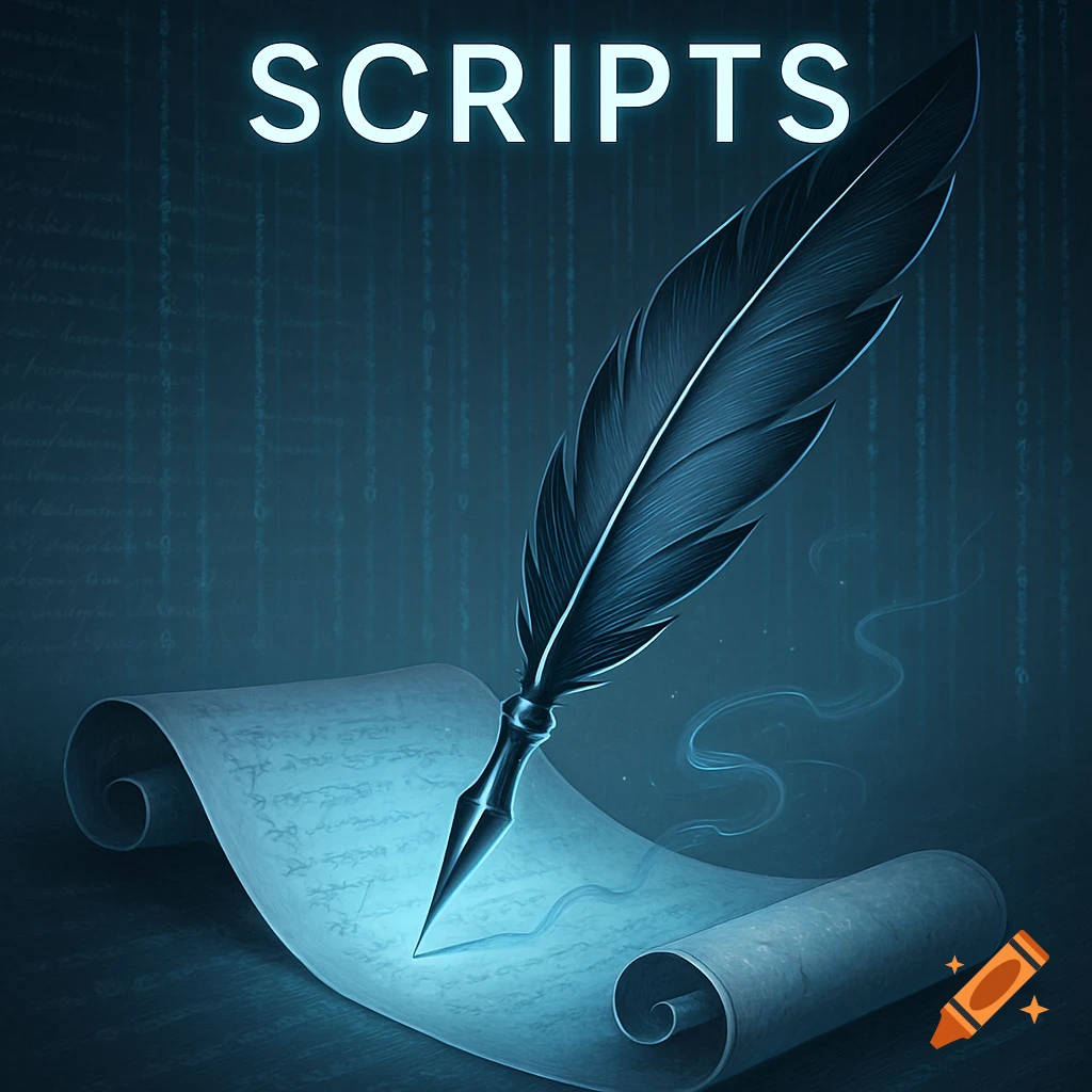 Digital art of a glowing quill writing on a scroll with 'SCRIPTS' above, against a dark, code-patterned background.