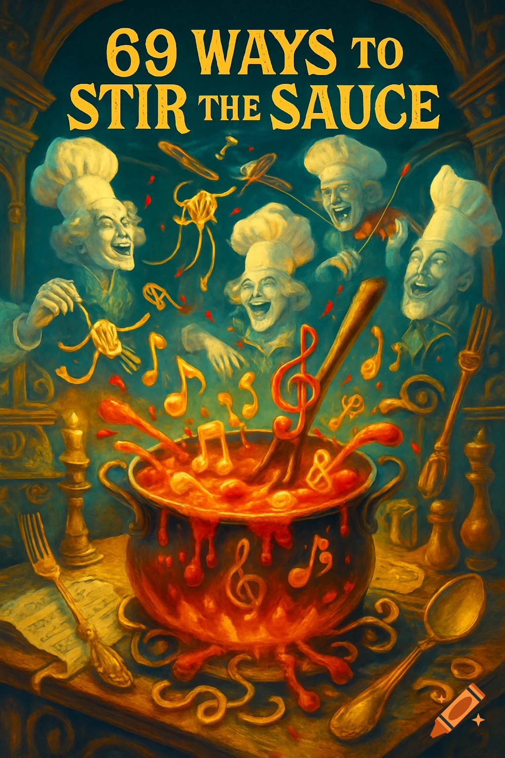 Comical album cover featuring five laughing chefs around a bubbling pot of sauce with musical notes, titled '69 Ways to Stir the Sauce'.