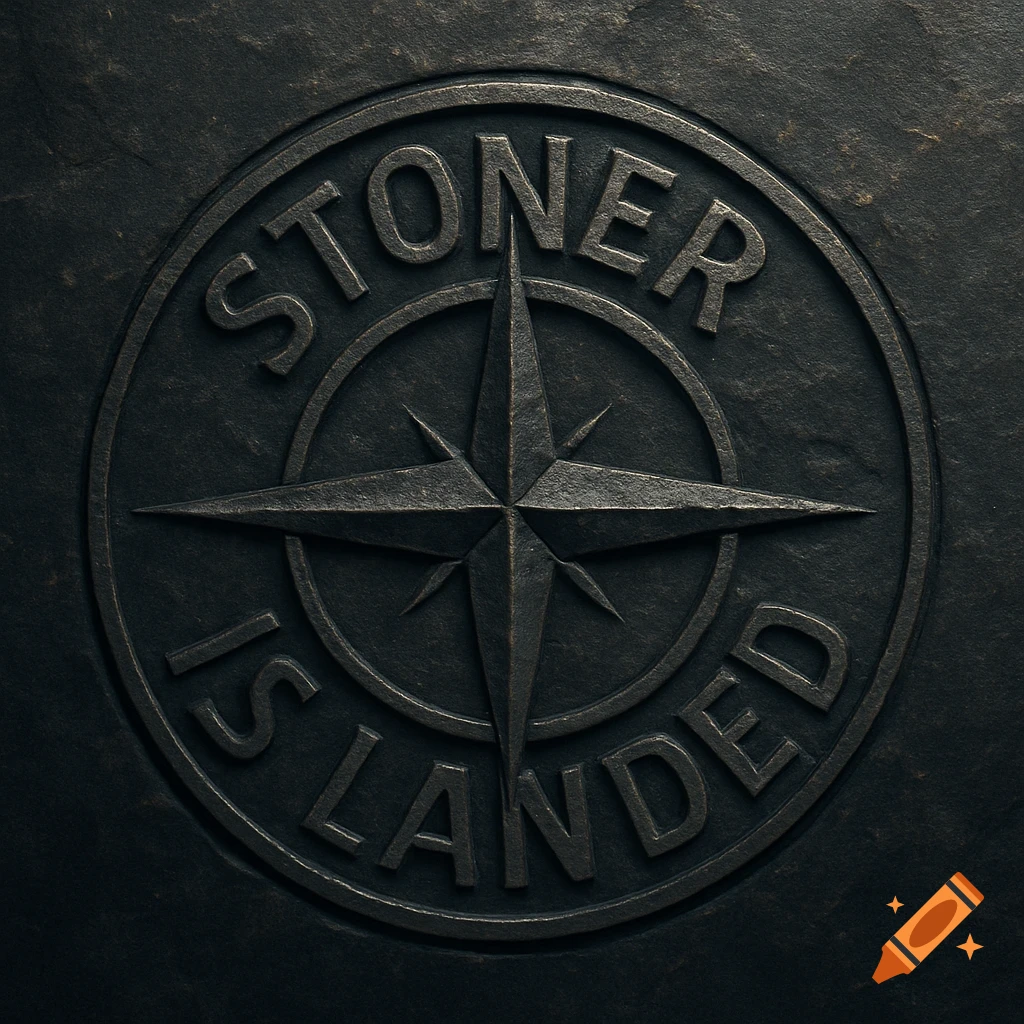 A circular, dark metallic embossed logo featuring a compass rose and the text 'STONER IS LANDED' on a textured background.