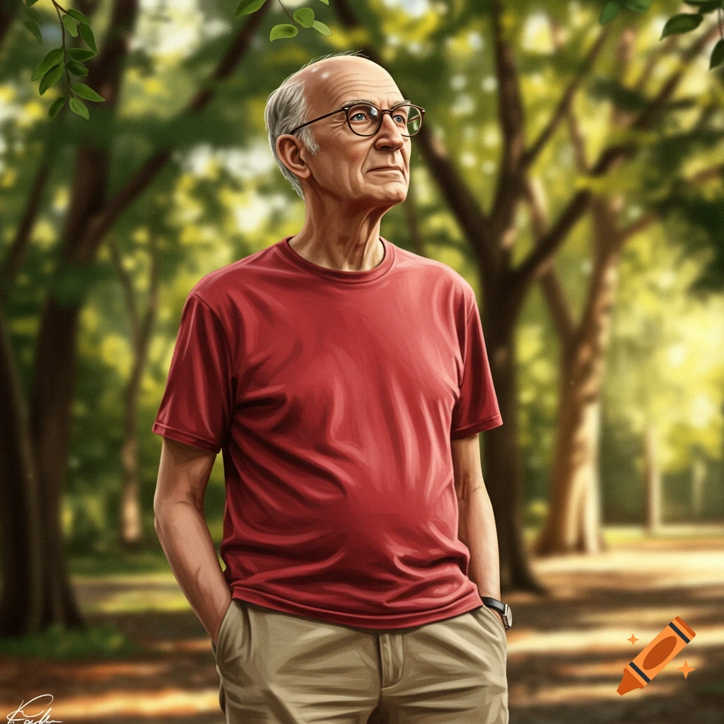 A balding elderly man with glasses, wearing a red t-shirt and khaki pants, stands in a sunlit park.