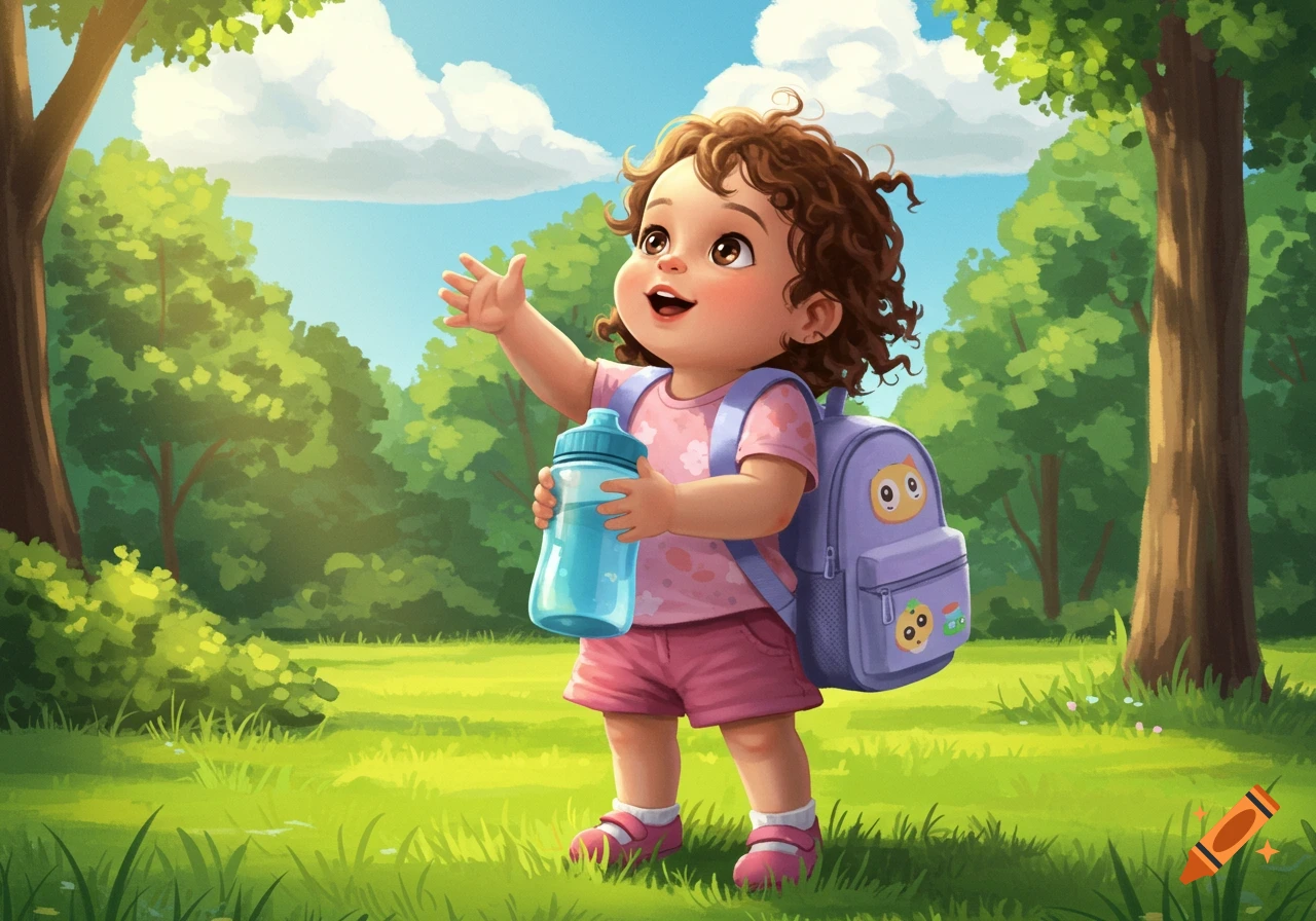 A cute cartoon toddler with curly hair and a backpack holds a water bottle in a sunny green park.