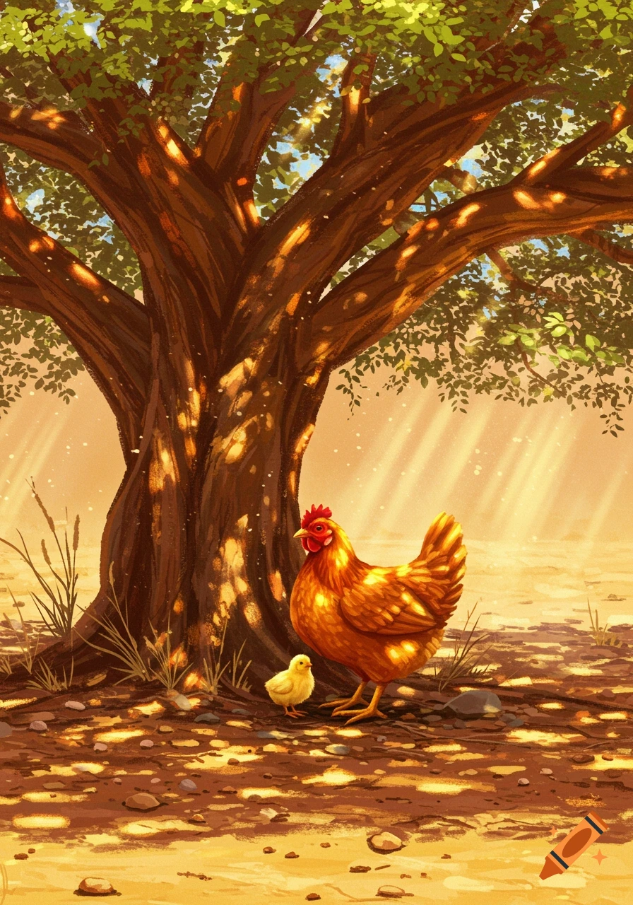 A hen and a chick stand under a large tree with dappled sunlight on the dry ground. Illustrated style.