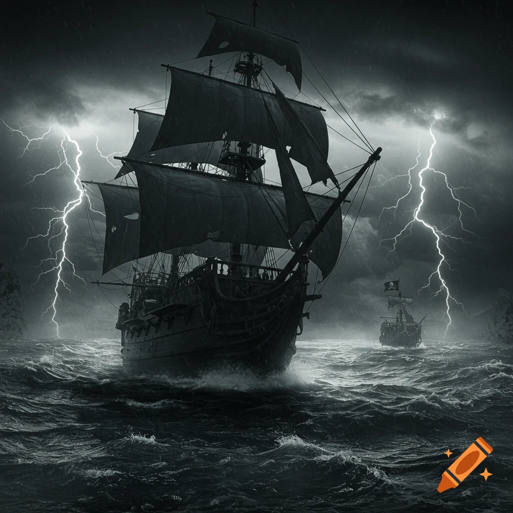 Black and white image of two pirate ships sailing through a stormy sea with lightning strikes.