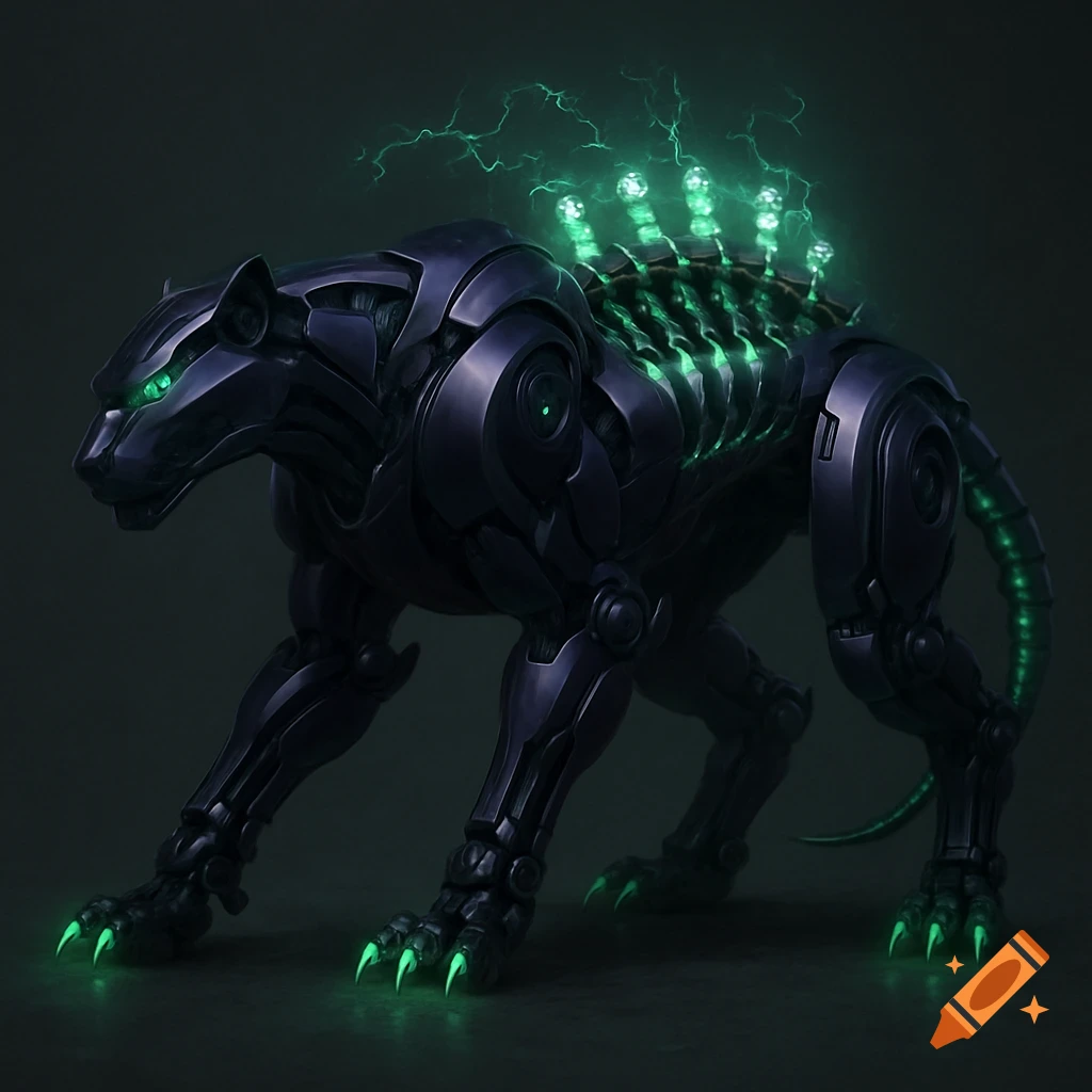 A sleek, dark purple robotic panther with glowing green eyes, claws, and Tesla coils on its back emitting lightning.