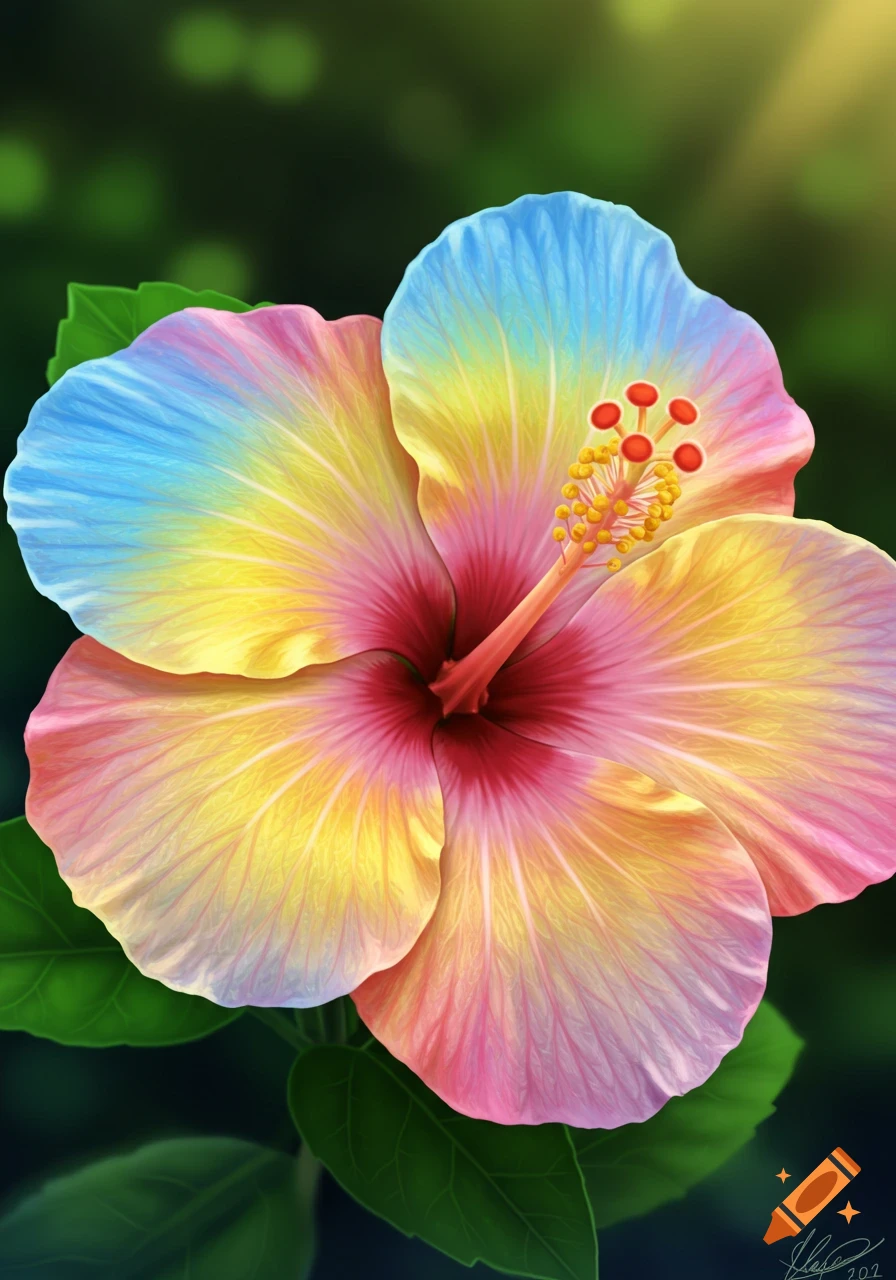 A vibrant digital painting of a hibiscus flower with blue, yellow, and pink petals against a blurred green background.